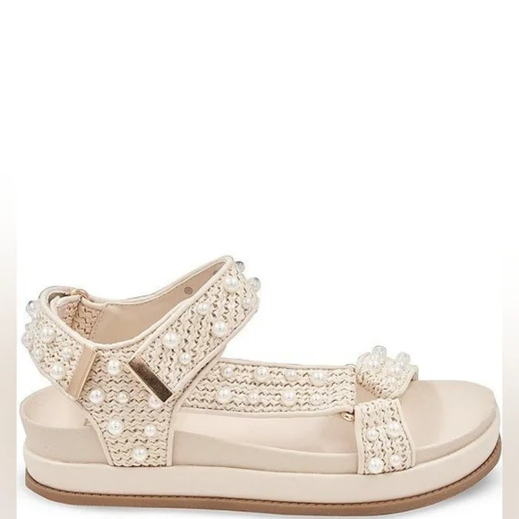 BCBGeneration Behka Raffia Pearl Ankle Strap Platform Flat Sandals Size 10 - Picture 2 of 6